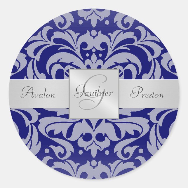 Elegante Pegatina del Monograma Royal Blue Damask (Anverso)
