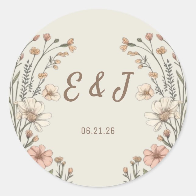 Elegante pegatina redonda de boda floral boho (Anverso)