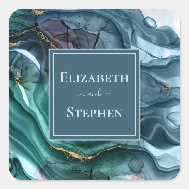 Elegante Pegatina Verde azulado y Boda de oro cuad (Anverso)
