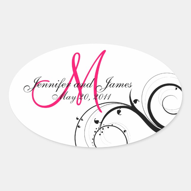 Elegante Pegatinas de Boda en Monograma Rosado Cal (Anverso)