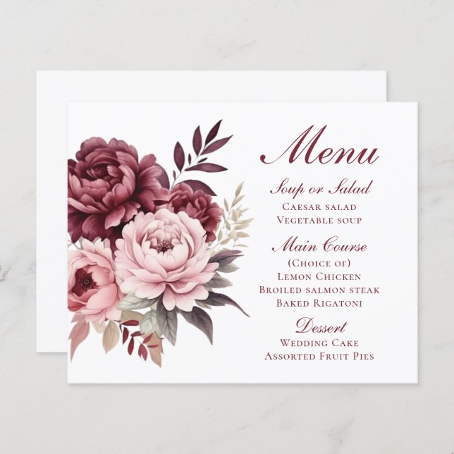 Elegante Peony Burgundy Floral Boda Menú (Anverso / Reverso)