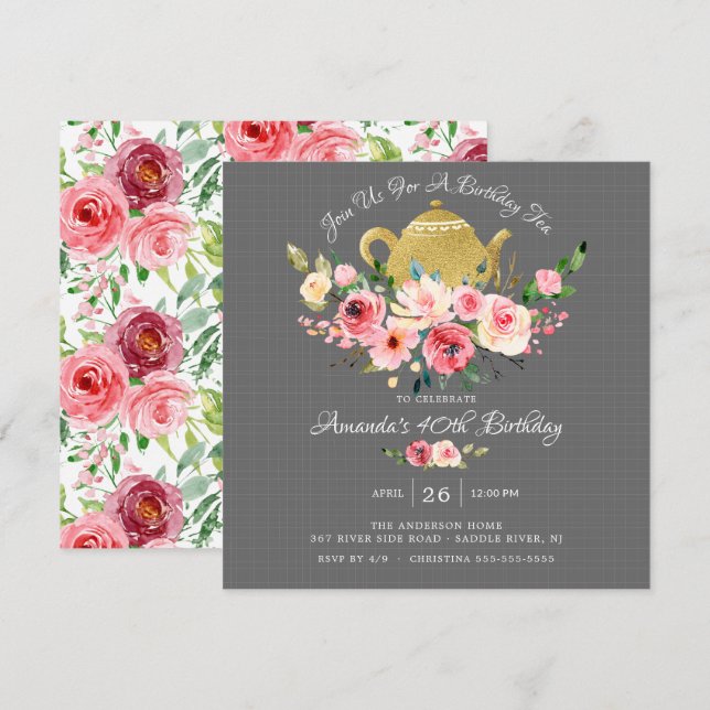 Elegante Peony Floral Birthday Tea Invitación (Anverso / Reverso)