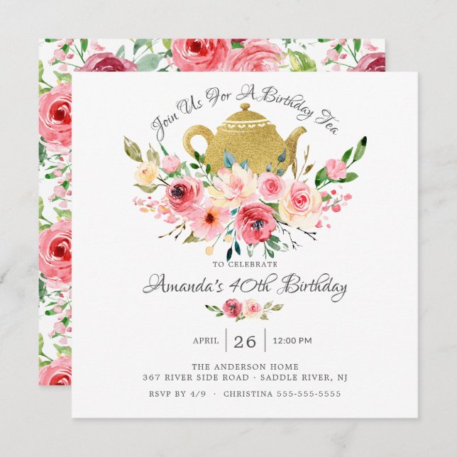 Elegante Peony Floral Birthday Tea Invitación (Anverso / Reverso)