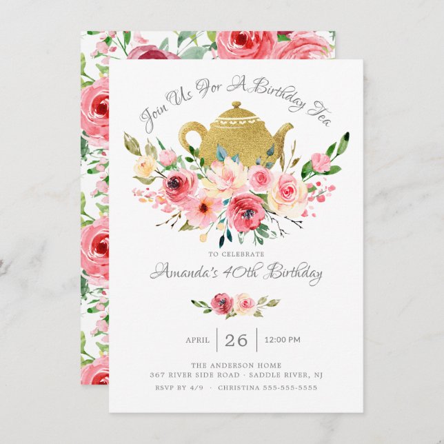 Elegante Peony Floral Birthday Tea Invitación (Anverso / Reverso)