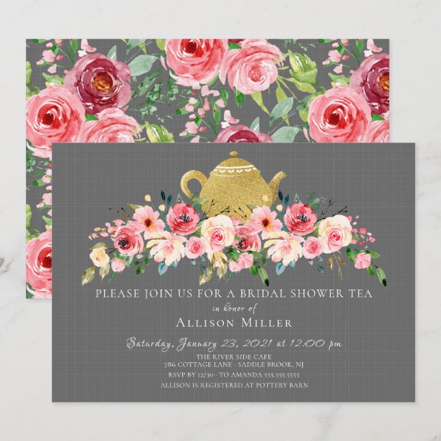 Elegante Peony Floral Bridal Shower Tea Invitación (Anverso / Reverso)