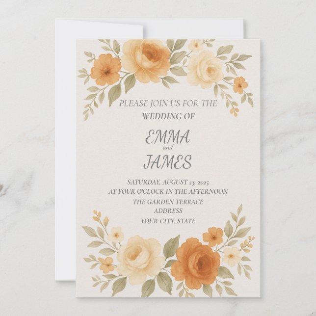 Elegante Peony & Rosa Invitación a la boda acuarel (Anverso)