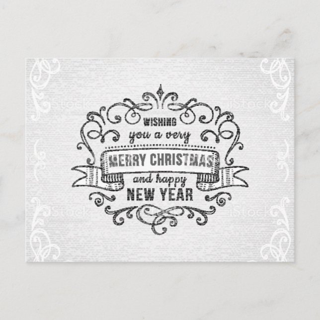 Elegante pergamino negro y blanco Feliz Navidad (Anverso)
