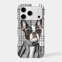 Elegante perro Boston Terrier y cuadros monograma