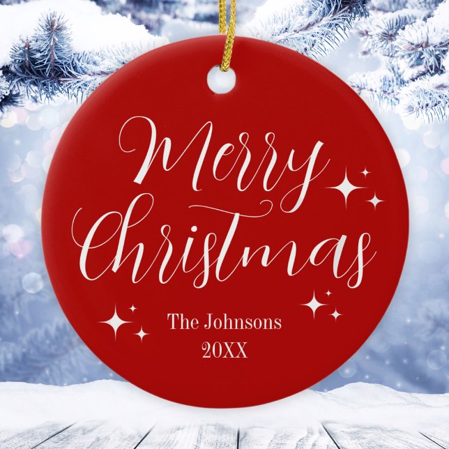 Elegante Personalizado Blanco Rojo Feliz Ornamento (Elegant Red White Custom Merry Christmas Ornament
)