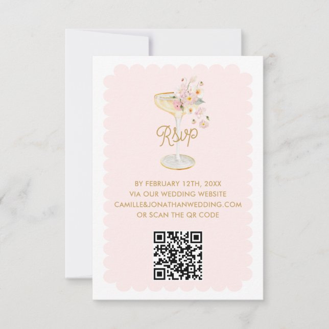 Elegante Petals y tarjeta RSVP de código QR Prosec (Anverso)