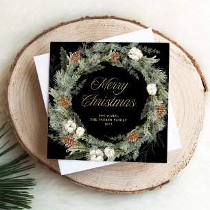 Elegante Pine Wreath Black   Navidad dorada