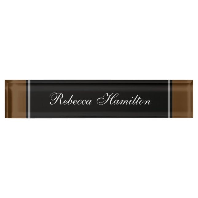 Elegante placa de nombres negro y marrón para su o (Anverso)