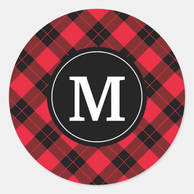 Elegante Plaid | Pegatinas de monograma navideño (Anverso)