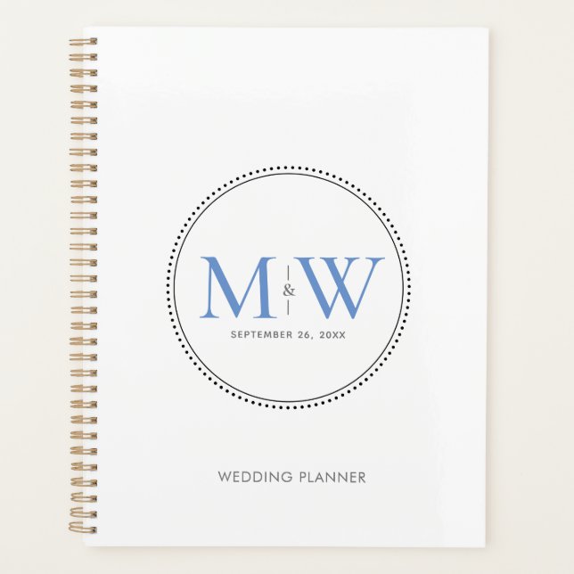 Elegante planificador de bodas en monograma azul (Anverso)