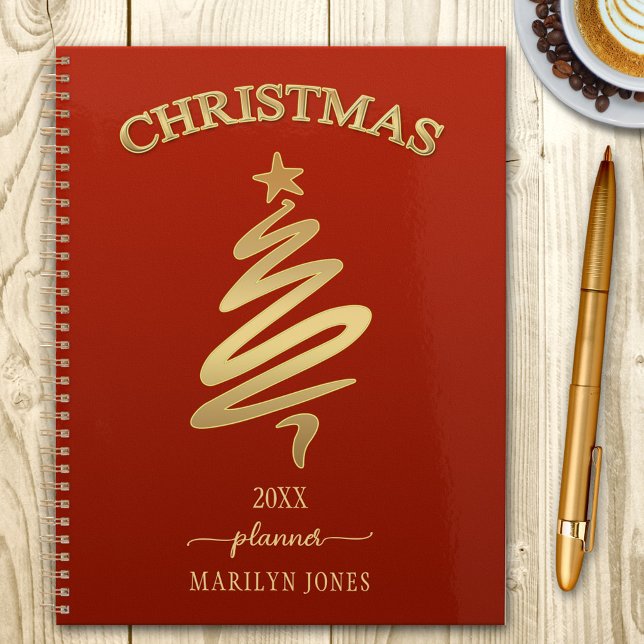 Elegante planificador de Navidades de oro rojo (Planner featuring an elegant gold stylized Christmas tree with script text on red burgundy)