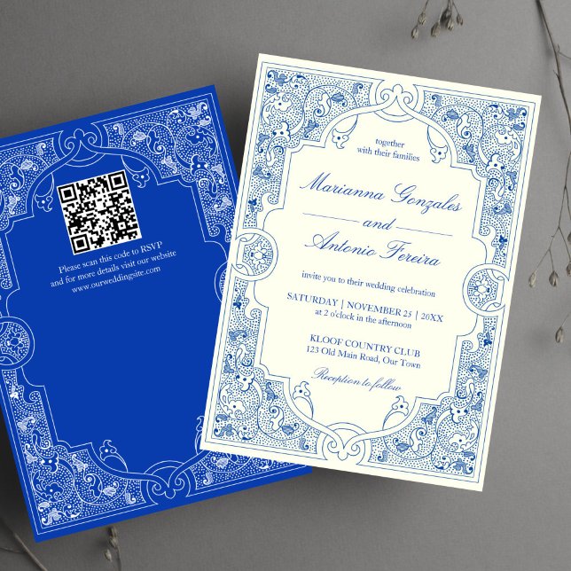 Elegante plantilla de boda de cuadro ornamental vi (Elegant vintage antique ornate royal blue ivory frame wedding invitation template digital download)