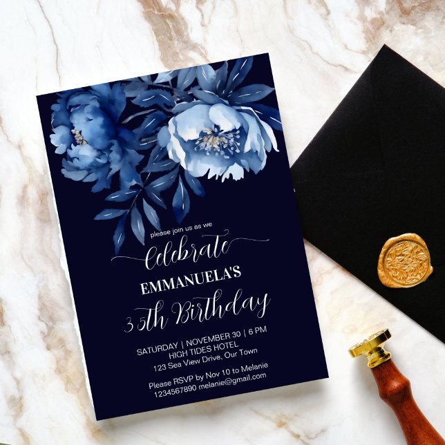 Elegante plantilla de fiesta de cumpleaños floral  (Elegant navy blue floral birthday party editable template invitation digital download blue peonies)