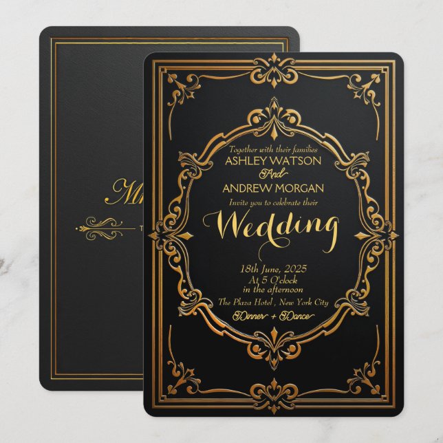 Elegante plantilla de invitación a la boda de oro  (Anverso / Reverso)