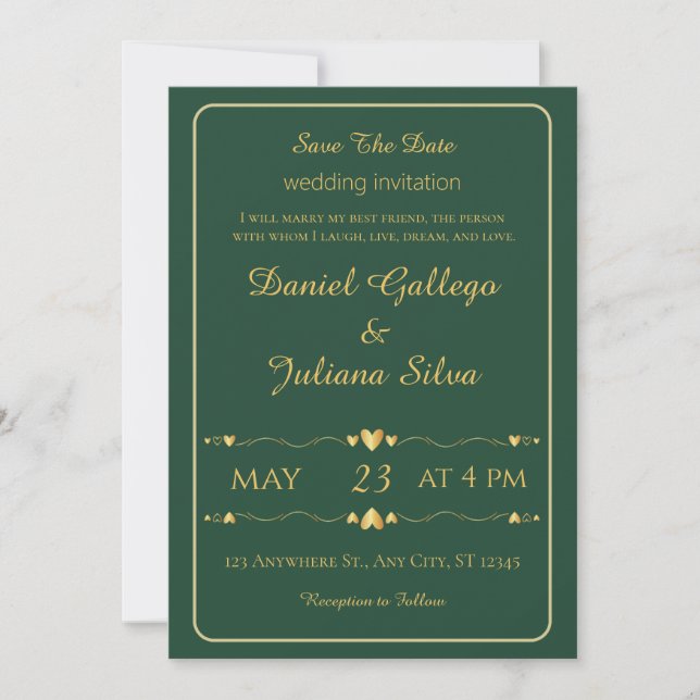 Elegante plantilla de invitación a la boda verde y (Anverso)