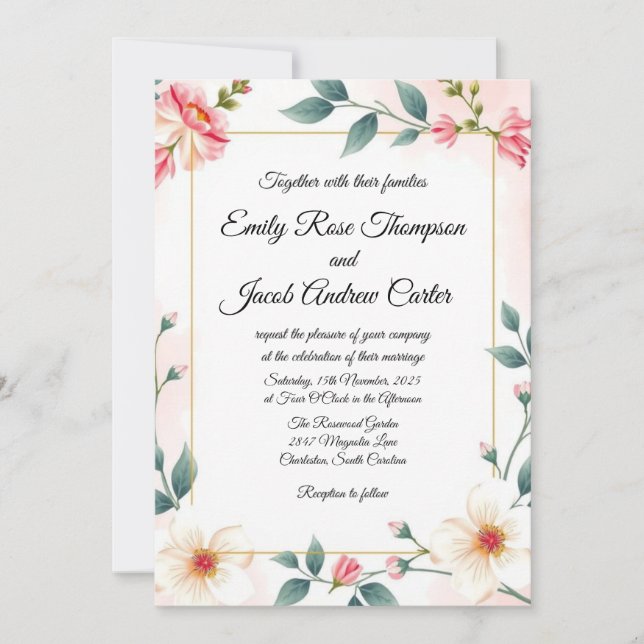 Elegante plantilla de invitación a matrimonio flor (Anverso)