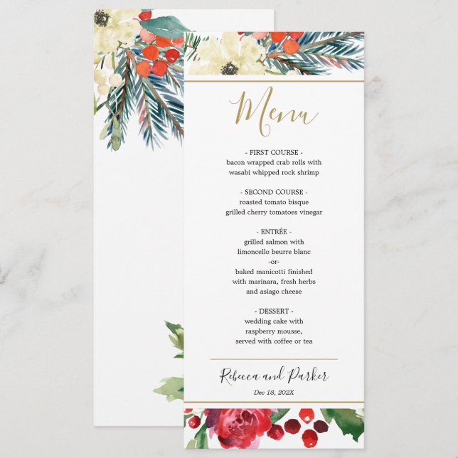 Elegante plantilla de menú floral de invierno (Anverso / Reverso)