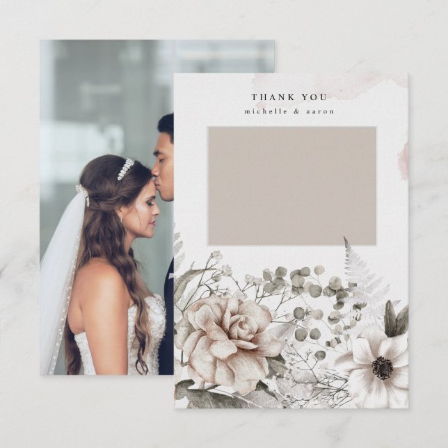 elegante plata blush floral foto de agradecimiento (Anverso / Reverso)