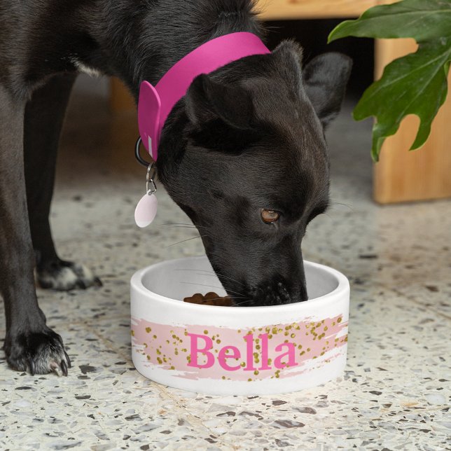 Elegante plato de Mascota de espuma rosa y dorada (Pink and Gold Custom name Dog Dish)
