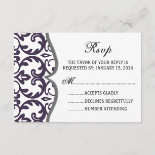 Elegante Plum Damask Tarjeta RSVP de boda del cora