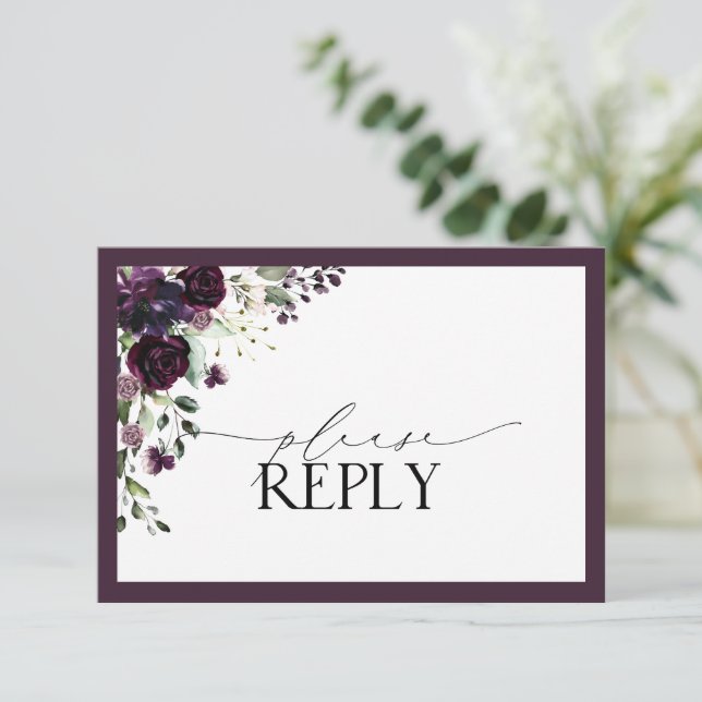 Elegante Plum Purple Floral Watercolor RSVP (Anverso de pie)