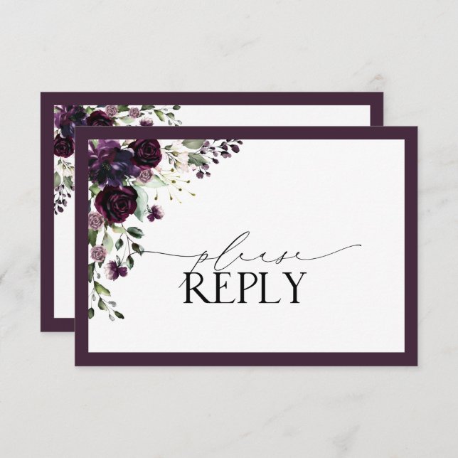 Elegante Plum Purple Floral Watercolor RSVP (Anverso / Reverso)