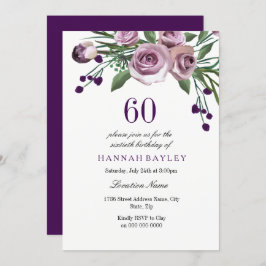 Elegante Plum Purple Rosa 60 cumpleaños invitación