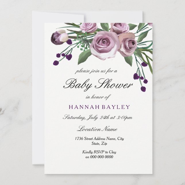Elegante Plum Purple Rosa Invitación a Baby Shower (Anverso)