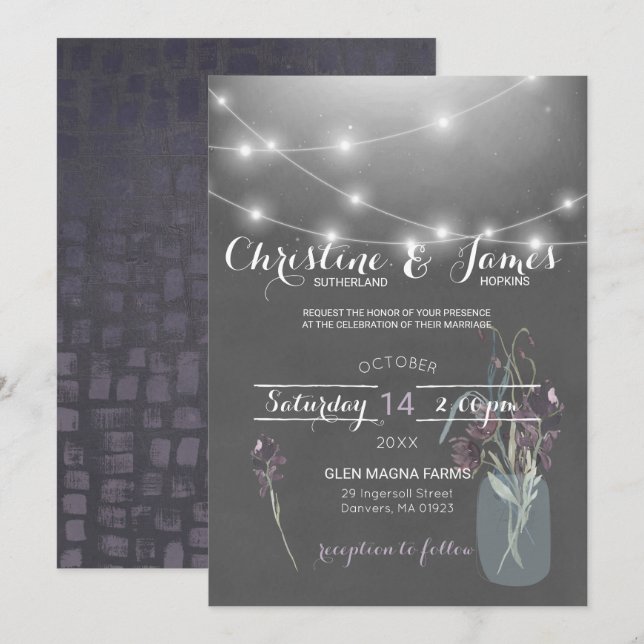 Elegante Pluma, Lilac y Invitación a la Boda Gris (Anverso / Reverso)