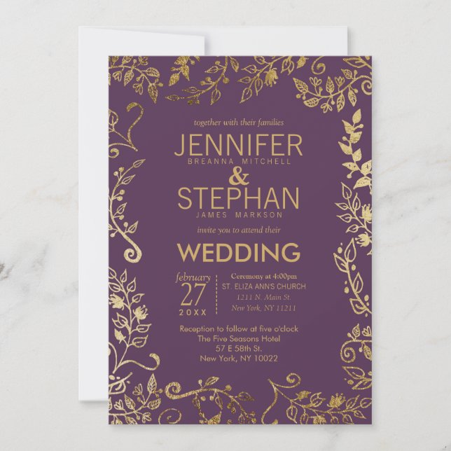 Elegante Pluma morada dorada invitación a la boda  (Anverso)