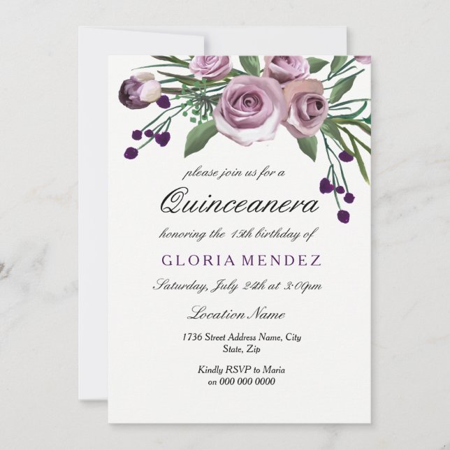 Elegante Pluma Rosa púrpura Quinceanera Invitación (Anverso)