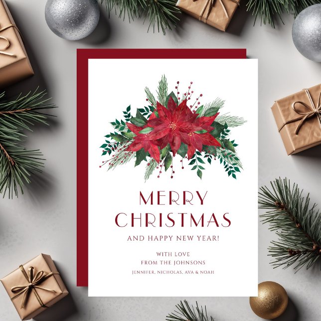Elegante Poinsettia floral roja Feliz Navidad (Elegant Red Floral Poinsettia Merry Christmas Holiday Card)