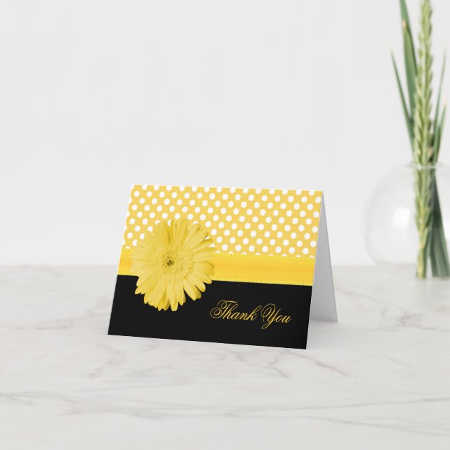 Elegante Polka Dot & Yellow Daisy Tarjeta de agrad (Anverso)
