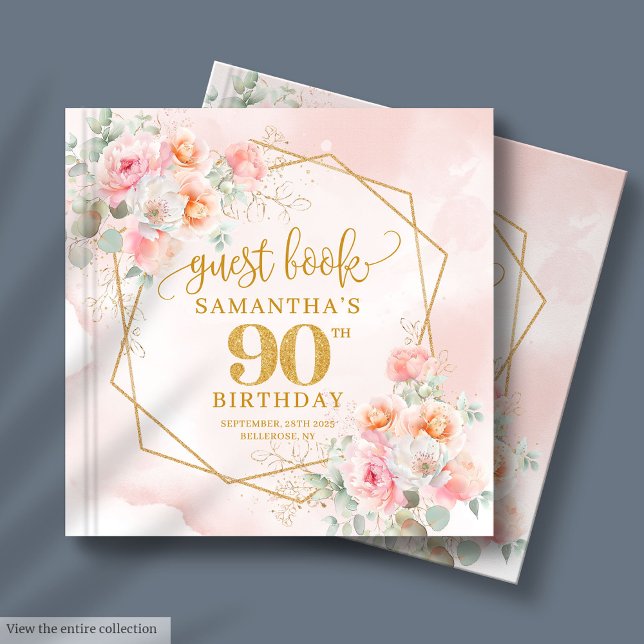 Elegante Polvo Flores de Oro Rosa 90º Libro de Inv (Elegant Powder Pink Gold Flowers 90th Guest Book)