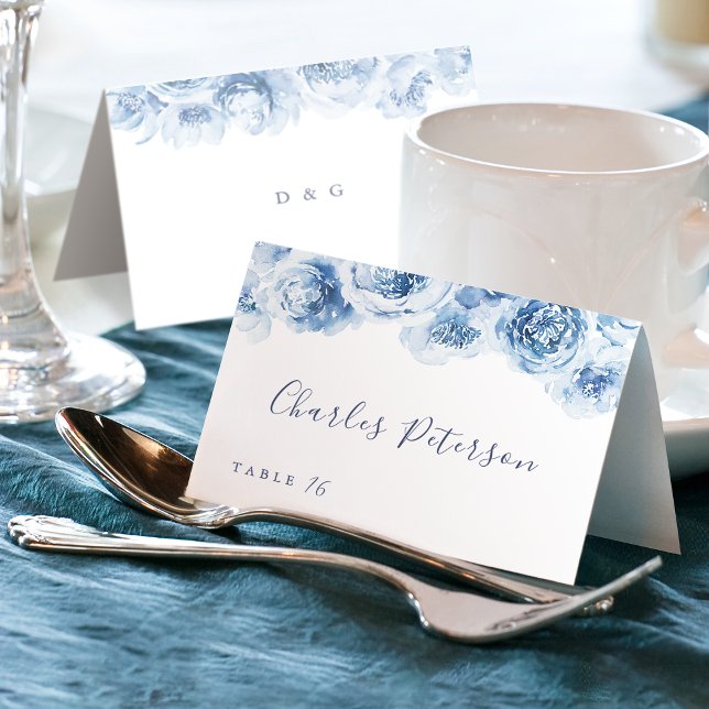 Elegante polvoriento azul acuarela floral Tarjeta  (Elegant dusty blue watercolor floral Place Card)
