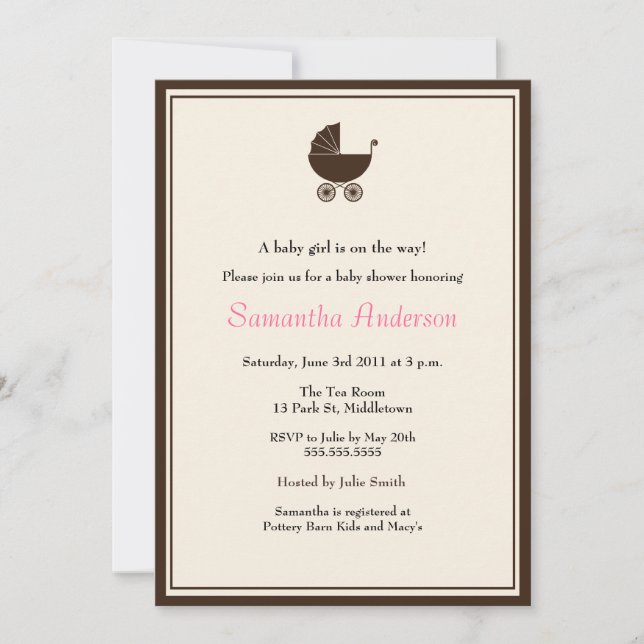 Elegante portadora Baby Shower Invitación - Chica (Anverso)