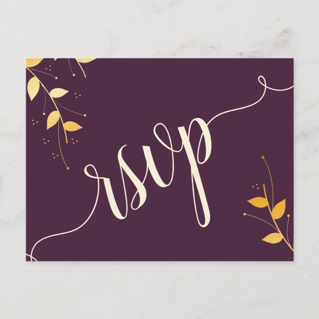 Elegante post de invitación de hojas de oro morada (Anverso)