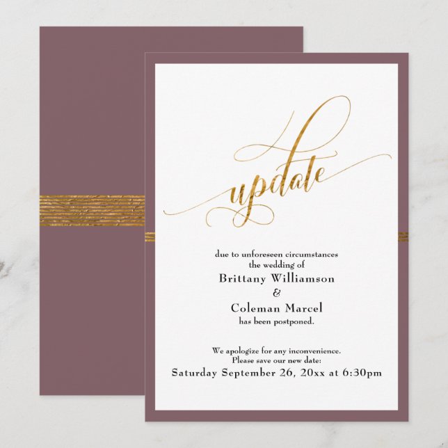Elegante postal Boda Mauve Gold Stripe Card (Anverso / Reverso)