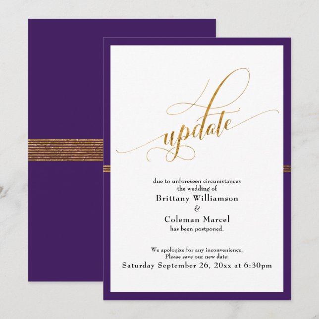 Elegante postal Boda Purple Gold Stripe Card (Anverso / Reverso)