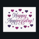 Elegante postal de Aniversario Feliz con Corazones<br><div class="desc">¡Celebra el amor y los hitos con esta elegante postal de Feliz Aniversario! Con un hermoso diseño de tipografía rodeado de corazones púrpura y rosado,  esta tarjeta es perfecta para enviar deseos sentidos a sus seres queridos. Ideal para parejas,  aniversarios o celebraciones románticas.</div>