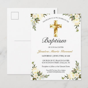 Elegante postal de bautismo de bebé con flores de 