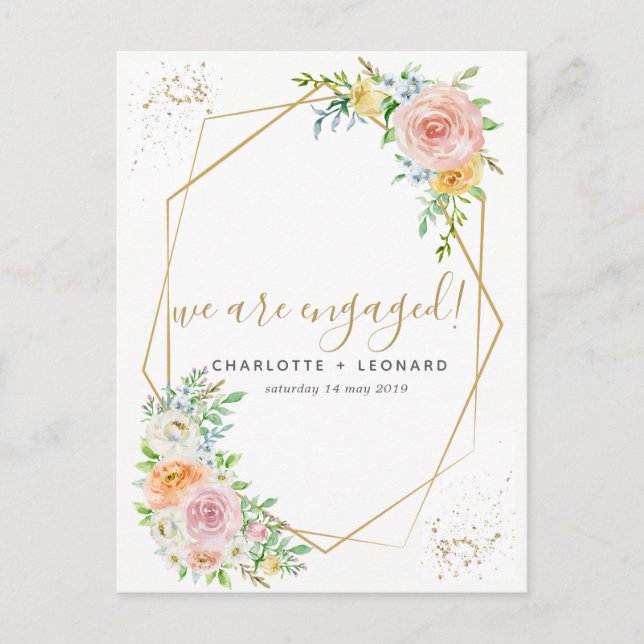 Elegante postal de compromiso floral y dorado (Anverso)