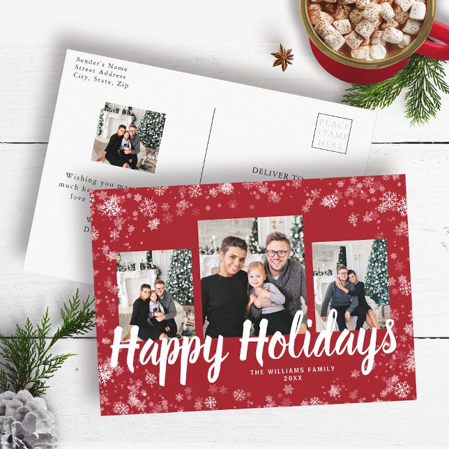 Elegante postal de fotos de vacaciones (Elegant Red Holiday Photo Collage Postcard)