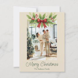 Elegante postal de Navidades Holly y Red Bow