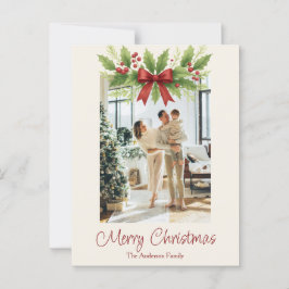 Elegante postal de Navidades Holly y Red Bow