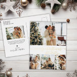 Elegante postal de Relieve metalizado dorado de va<br><div class="desc">Elegante caligrafía manuscrito de Relieve metalizado dorado Minimalista 4 Collages de fotos Feliz tarjeta postal navideña. Esta plantilla festiva de cuatro (4) fotos de tarjetas navideñas, mimánica, festividad, muestra un collage de fotos de bonito y dice "¡Feliz Navidad!". El texto de bienvenida de "Feliz Navidad" está escrito en un hermoso...</div>